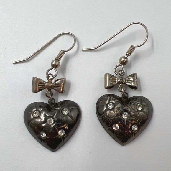 Pierced Earrings Heart Bow Women French Wire Silver Black Rhinestone - Picture 1 of 2
